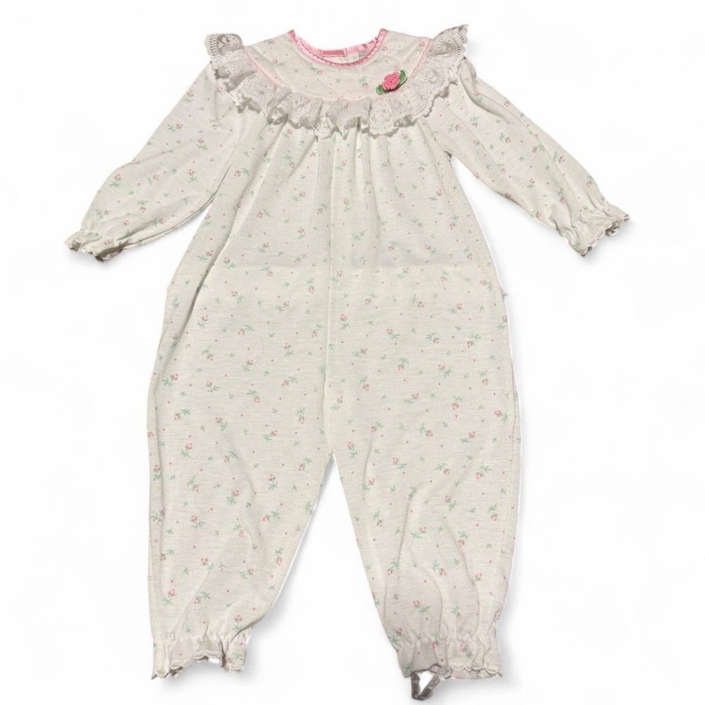 Vintage Jackie's Girls 3T Floral Romper Lace Ruffle Pink Trim Cottage